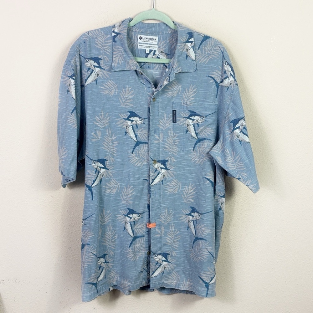 Columbia 100% Cotton Coastal Fish‎ Print Blue Button Down Shirt size Large